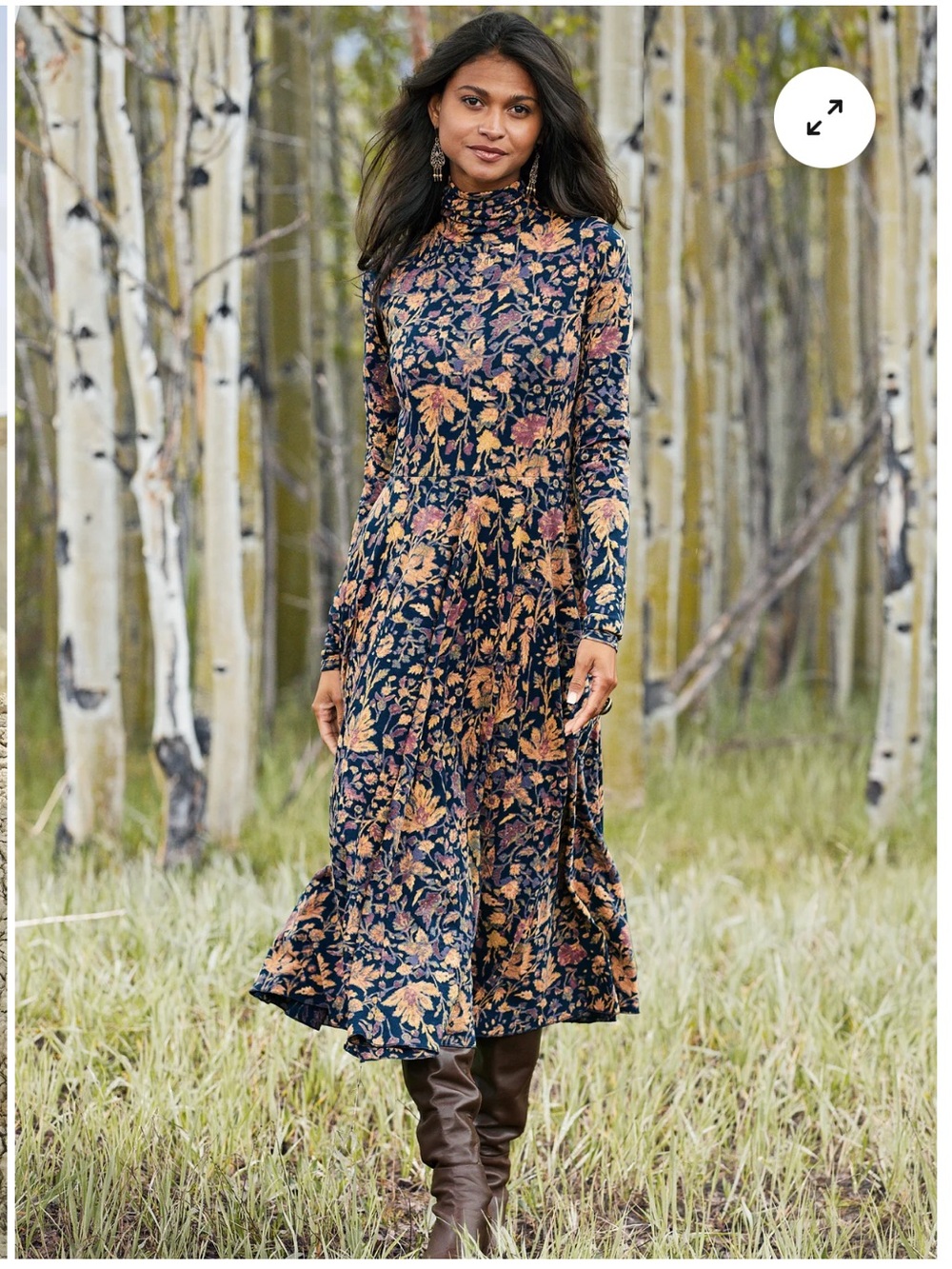 Peruvian Connection XL Persian Rose Midi Dress in navy gold floral print